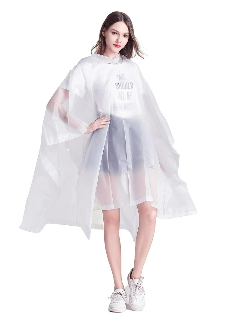 Woman wearing waterproof reusable transparent raincoat SF1979, perfect for stylish all-weather protection.